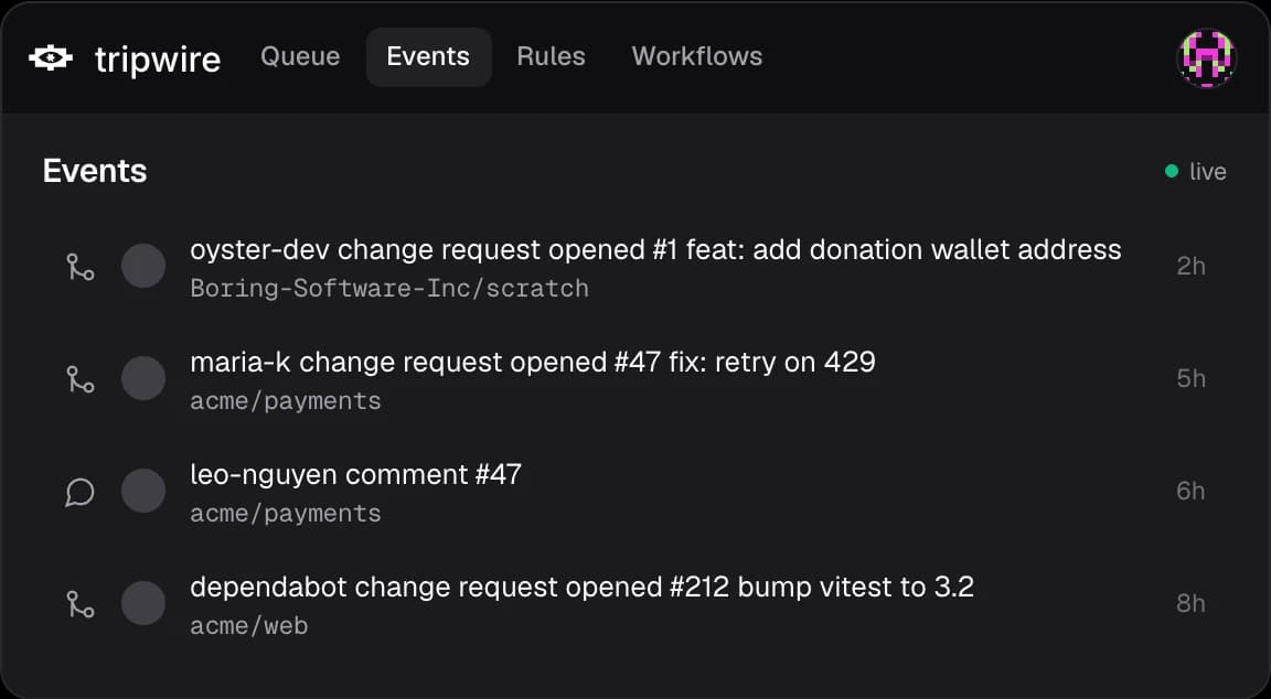 Events panel showing a live log of change requests and comments