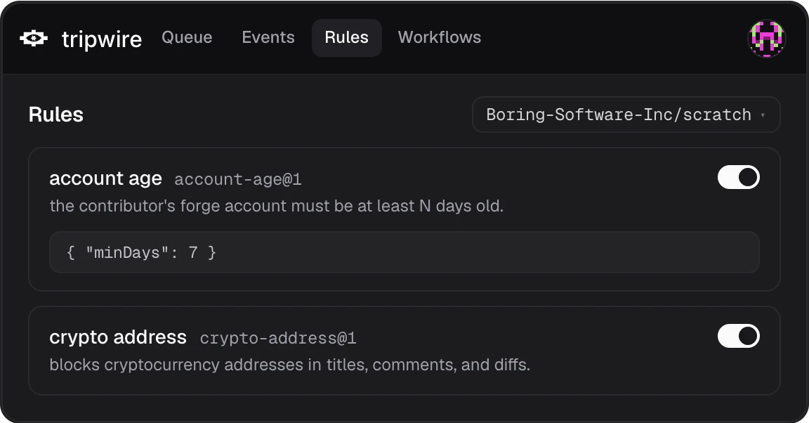 Rules panel with account age and crypto address rules toggled on